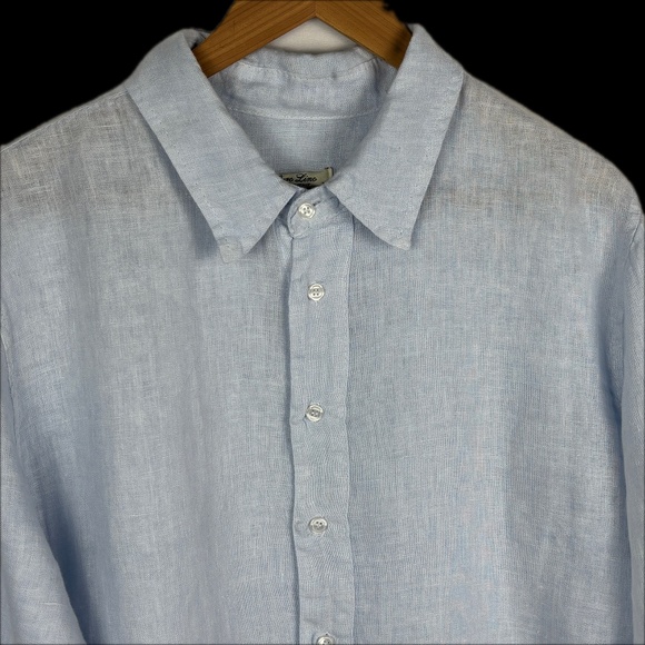Puro Lino Mens Long Sleeve Button Down Shirt 100% Linen Sz L Blue Beachy Classic - Picture 2 of 8
